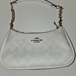 Coach Signature White Shoulder Bag with Gold Chain